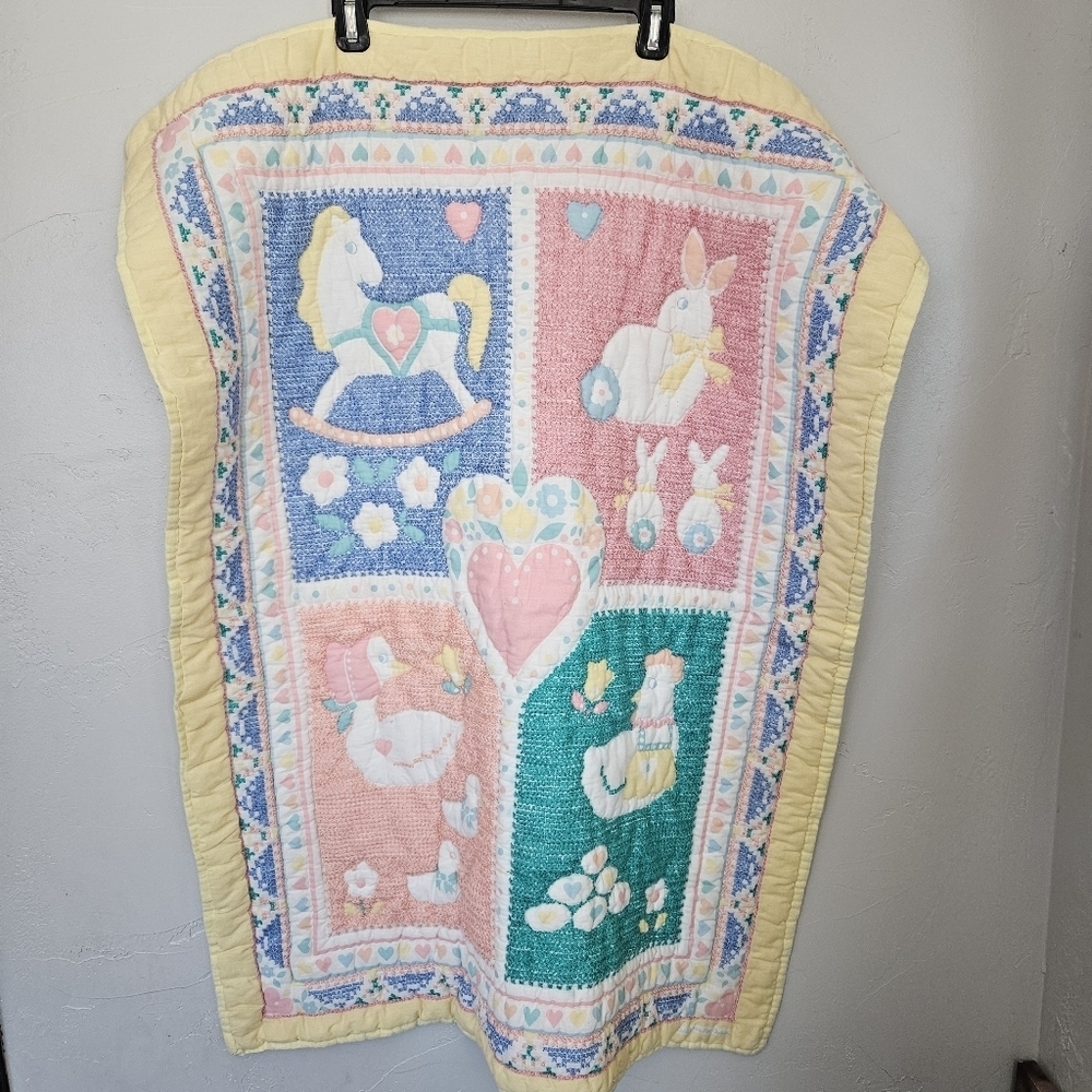 Pastel Baby Quilt VTG Animal Designs Yellow Pink Blue Duck Rocking Horse Bunny